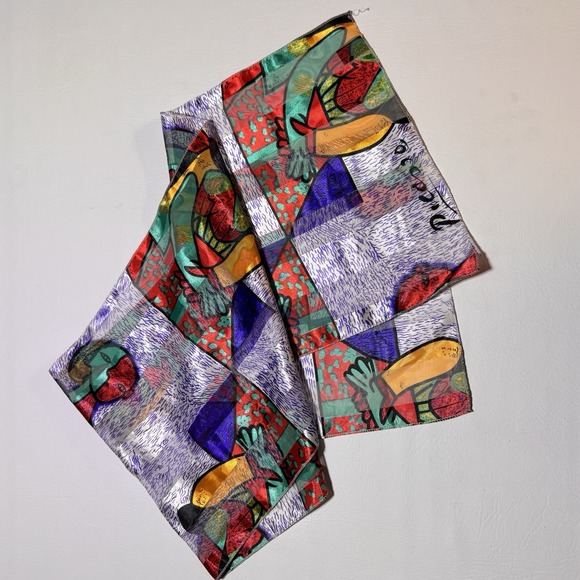 The Unbranded Brand Accessories - VTG Silk Feeling Picasso Art Style Abstract Striped Fashion Scarf Artsy Funky